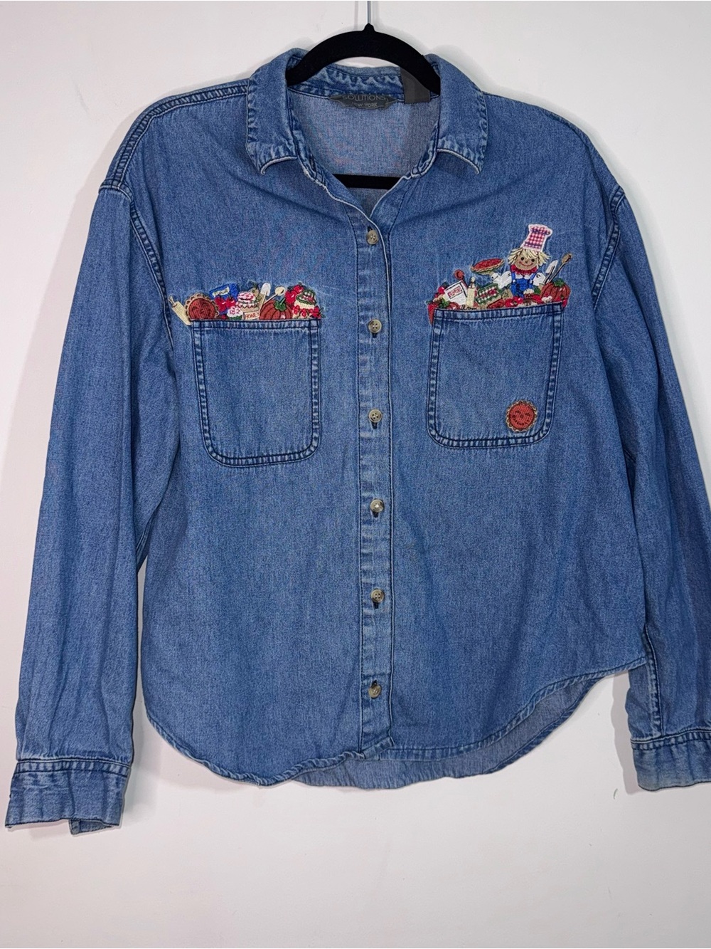 Solutions New York L Denim Shirt Embroidered Chef Food Cottagecore 90s